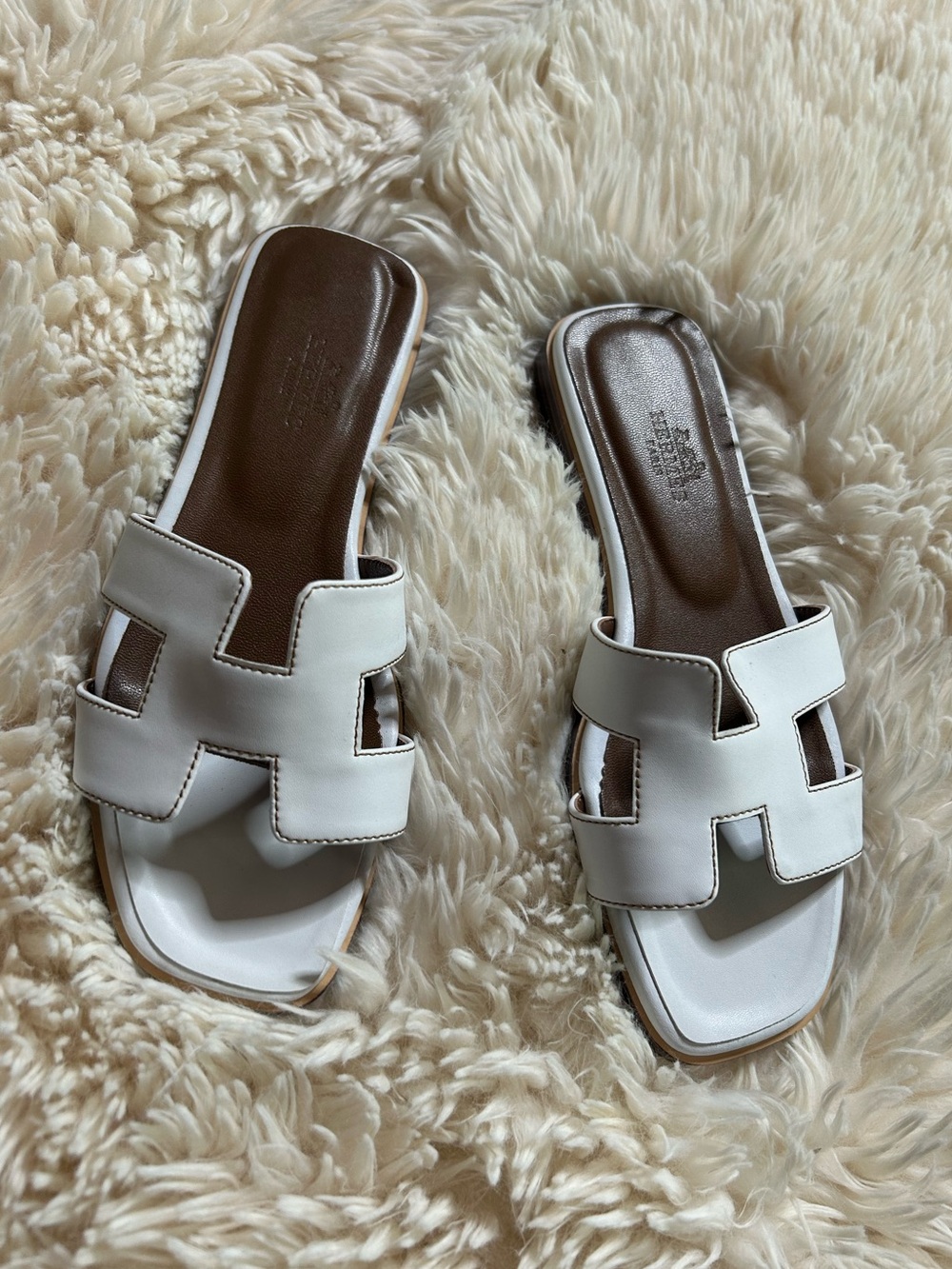 Hermes White Leather H-Logo Slide Sandals with Brown Footbed